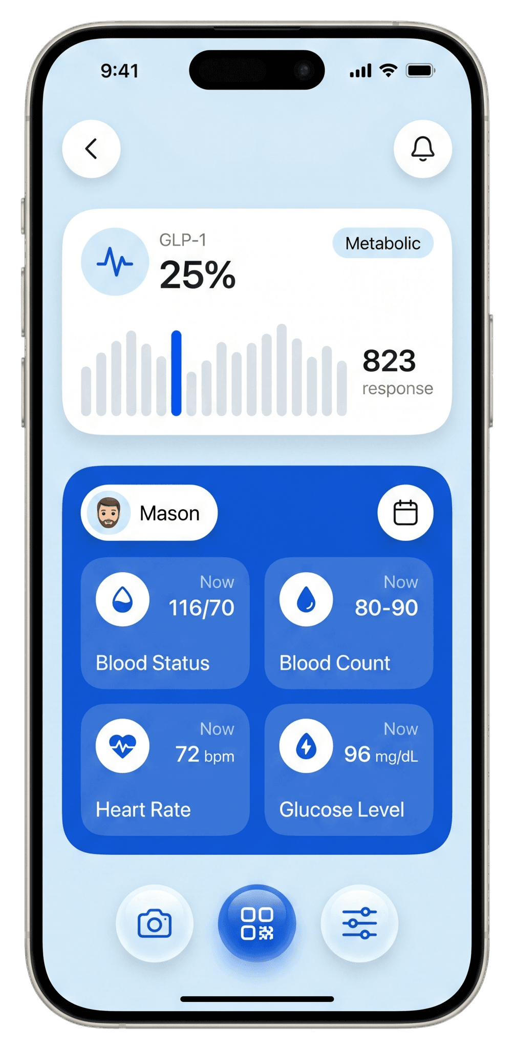 LongXvity blue health dashboard app screen