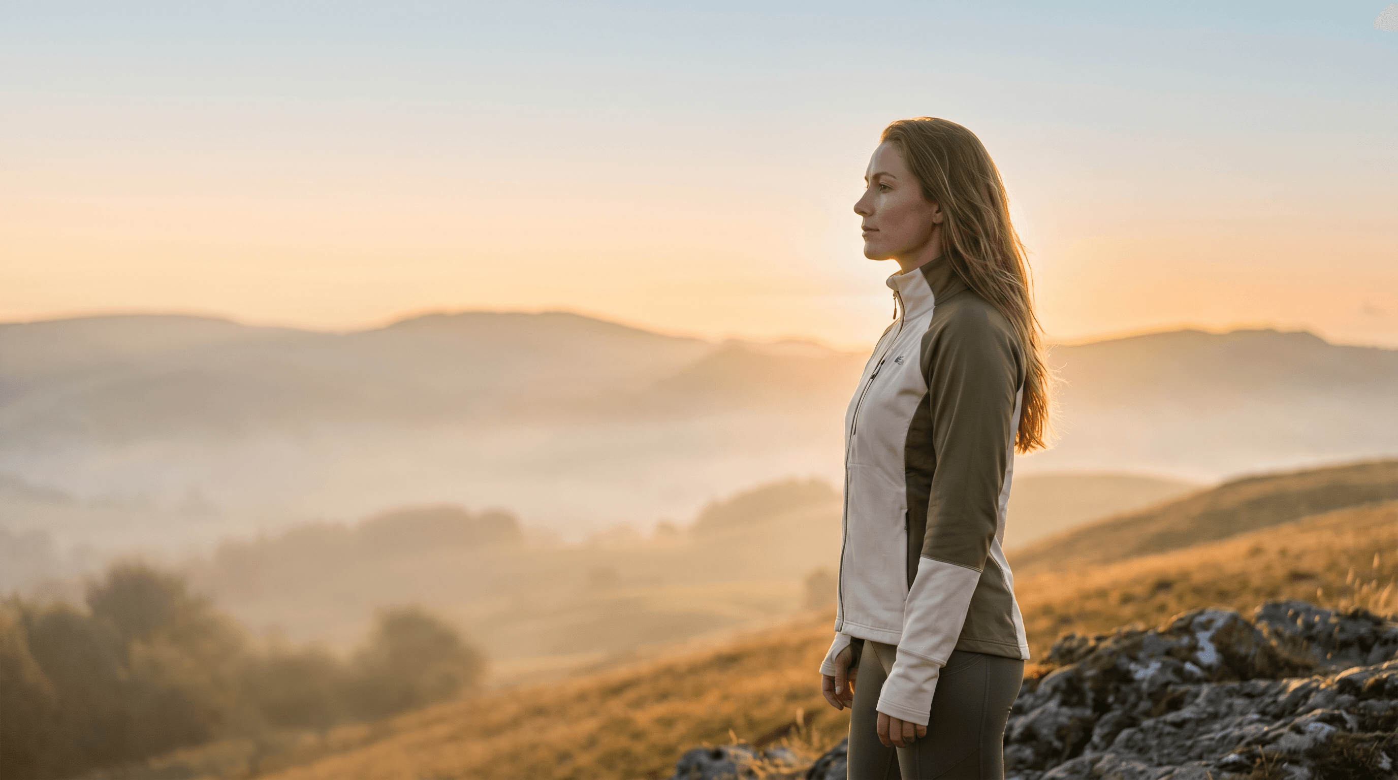 A person looking over a warm sunrise landscape